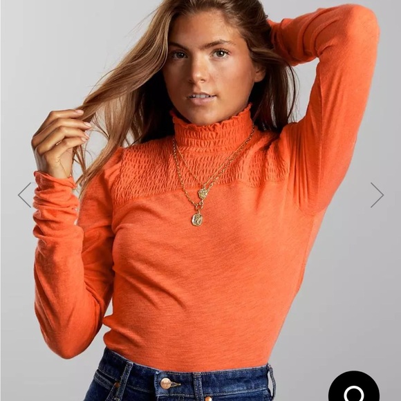 WE THE FREE Free People Caroline Mock Neck LS Smocked Top Orange Flame Large - Picture 4 of 13